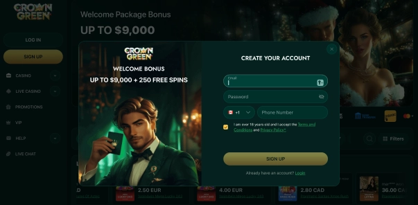 Crowngreen official sign-up page with welcome bonus offers
